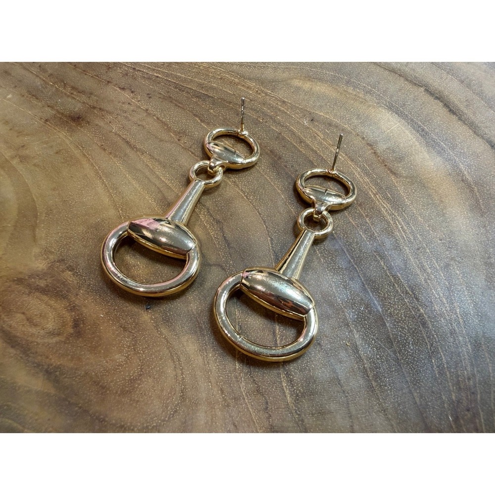 Gold Tone Horsebit Drop Earrings Equestrian Snaffle Bit Statement Dangles NEW - Picture 2 of 3
